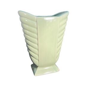 Vintage Art Deco Style Ceramic Vase Chevron Sides Sage Green 8"
